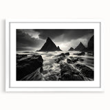 Framed wall art showcasing a serene beach landscape with vibrant colors, displayed in a white mat, perfect for modern home decor and coastal themes.