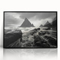 Framed acrylic wall art featuring a serene beach landscape design with vibrant colors, ideal for home decor, showcasing black framing and a front view layout.