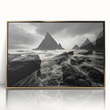 Framed wall art collection depicting a serene beach landscape with golden accents, designed to enhance interior spaces and evoke tranquility.