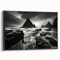 Framed canvas wall art showcasing a serene beach landscape design, featuring vibrant colors and a sleek black frame, ideal for modern home decor.