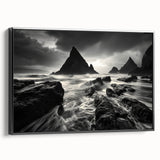 Framed canvas wall art showcasing a serene beach landscape design, featuring vibrant colors and a sleek black frame, ideal for modern home decor.