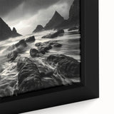 Framed canvas close-up showcasing a vibrant beach landscape design, featuring vivid blues and sandy tones, ideal for enhancing interior decor with a coastal theme.