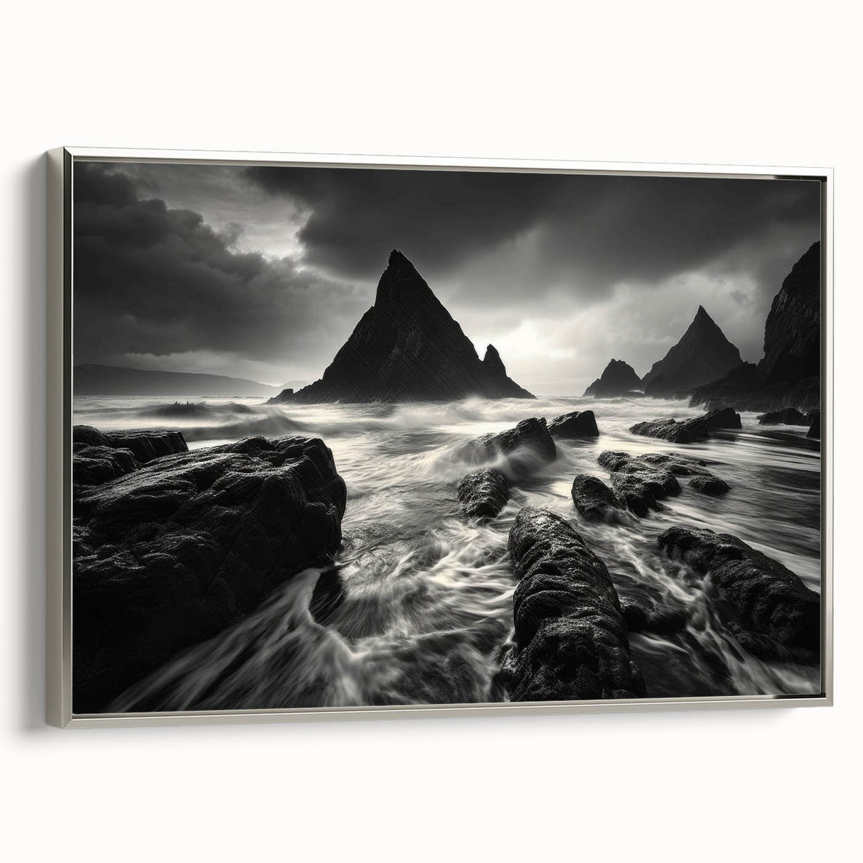 Framed canvas wall art showcasing a serene beach landscape with vibrant colors, elegant silver frame, perfect for modern home decor. Ideal for beach lovers.