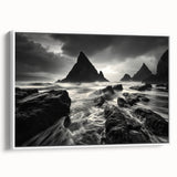 Framed canvas artwork depicting a serene beach landscape with soft waves and a clear sky, showcasing vibrant colors and natural beauty, ideal for home decor.