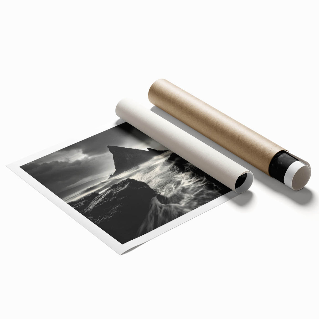 Vibrant rolled print of a serene beach landscape with golden sands and turquoise waves, perfect for home decor. Ideal for coastal-themed interior design.
