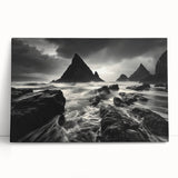 Stretched canvas wall art showcasing a serene beach landscape with vibrant colors, leaning against a white wall, perfect for coastal-themed decor.