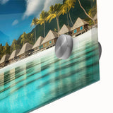 Close-up of an acrylic glass wall art piece showcasing a serene beach landscape, featuring vibrant colors and intricate details, ideal for home décor enhancement.