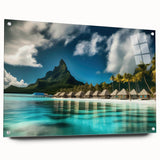 Acrylic glass wall art showcasing a vibrant beach landscape design, framed with pins, highlighting vivid colors and intricate details perfect for home decor.