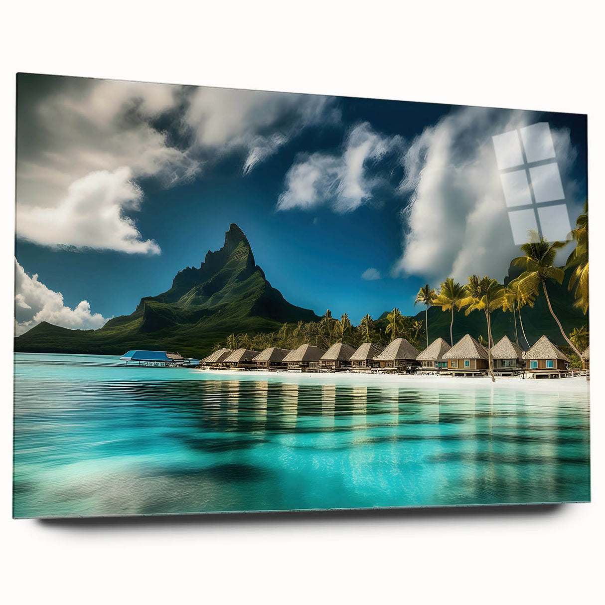 Acrylic glass wall art collection showcasing a vibrant beach landscape design, featuring soft blues and sandy hues, displayed in a stylish side view without pins.