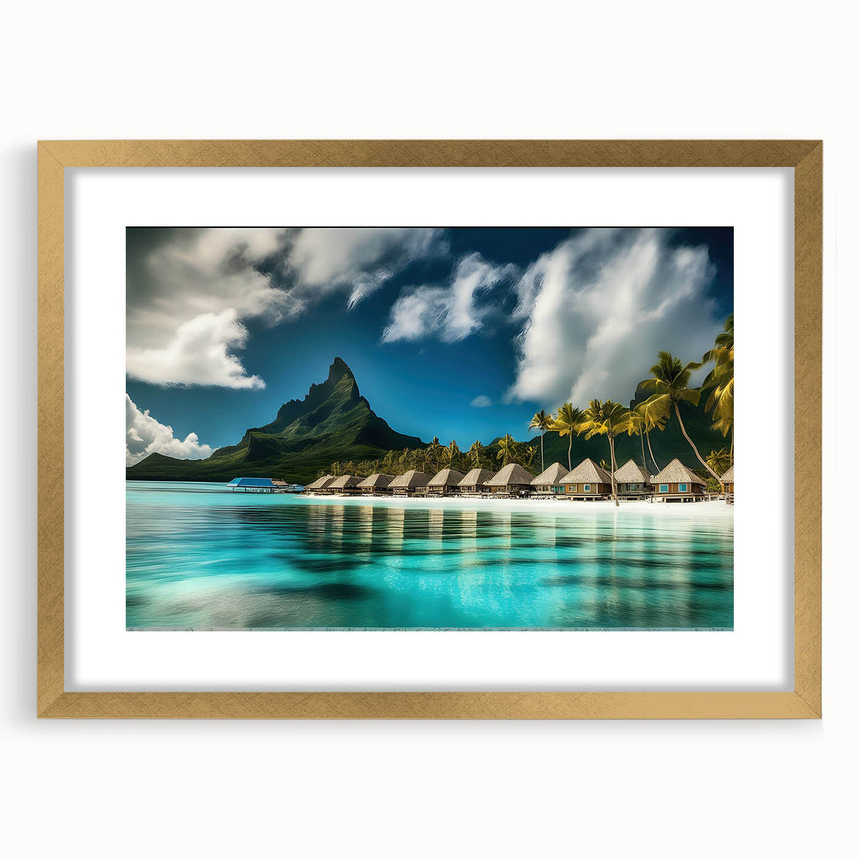 Framed wall art featuring a serene beach landscape in soft pastel colors, with a gold mat and frame, perfect for home decor or coastal-themed interiors.