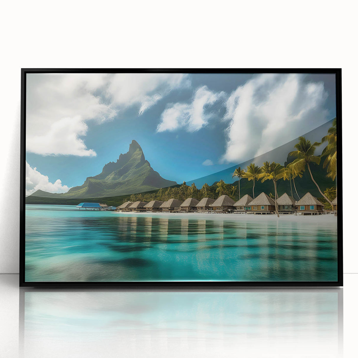 Framed acrylic wall art depicting a serene beach landscape, showcasing vibrant blues and sandy tones, ideal for coastal home decor. The artwork has a sleek black frame, enhancing its modern aesthetic.