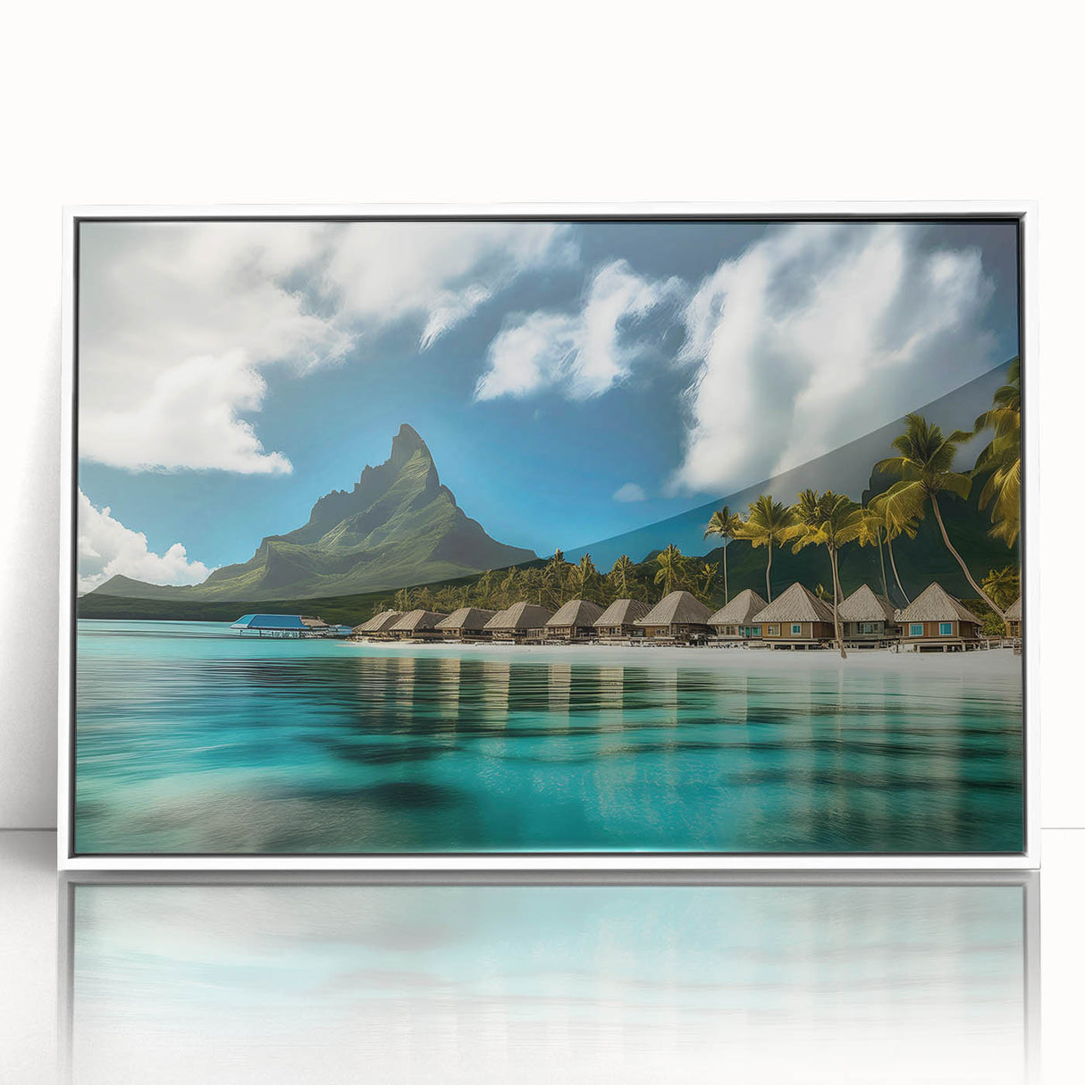 Framed acrylic wall art showcasing a serene beach landscape with vibrant colors and intricate details, set against a sleek white frame, perfect for home decor.