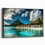 Framed canvas wall art depicting a serene beach landscape with vibrant colors and intricate details, featuring a sleek black frame, ideal for home decor.