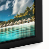 Framed canvas wall art showcasing a serene beach landscape with vibrant colors, ideal for home decor. Perfect for creating a calming atmosphere in any room.