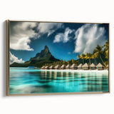 Framed canvas wall art showcasing a serene beach landscape with golden hues, set against a modern decor backdrop, ideal for enhancing living spaces.