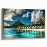 Framed canvas wall art showcasing a serene beach landscape with vibrant colors and a silver frame, ideal for enhancing modern home decor.