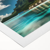 Vibrant rolled canvas wall art showcasing a serene beach landscape at sunset, featuring rich colors of orange, pink, and blue, ideal for coastal decor.