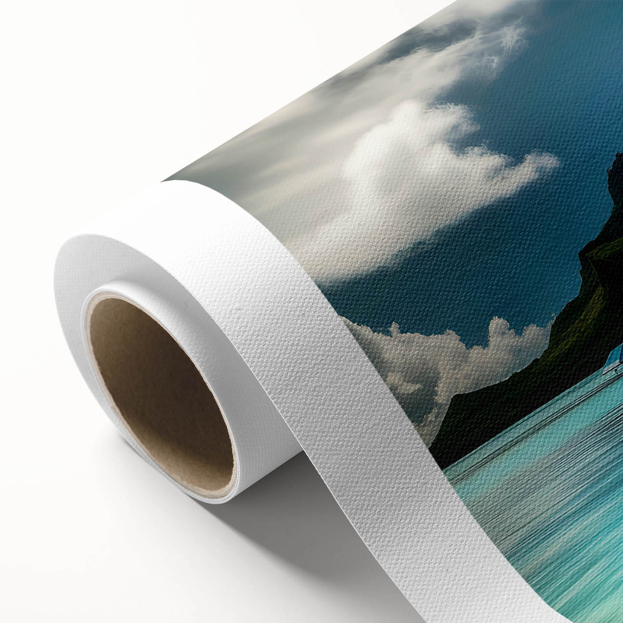 Rolled canvas artwork showcasing a serene beach landscape with gentle waves and a vibrant sunset, perfect for home decor or art enthusiasts. The piece emphasizes tranquil colors and natural beauty, adding a calming touch to any space.