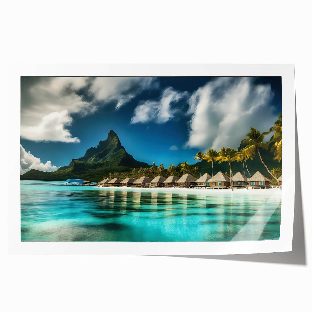 Colorful beach landscape wall art print showcasing vibrant blues and sandy tones, rolled and ready for framing, perfect for coastal home decor.