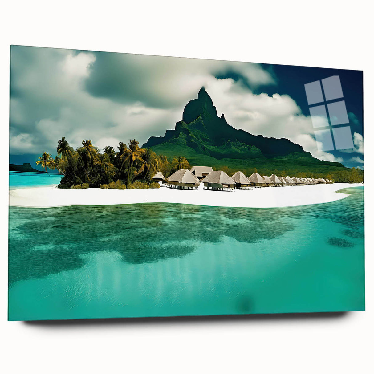 Acrylic glass wall art featuring a serene beach landscape with vibrant colors, displayed from a side view. Perfect for modern home decor and coastal themes.