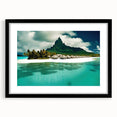 Framed wall art featuring a stunning beach landscape design with vibrant colors, displayed in a sleek black frame with a white mat, perfect for home decoration.