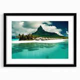 Framed wall art featuring a stunning beach landscape design with vibrant colors, displayed in a sleek black frame with a white mat, perfect for home decoration.