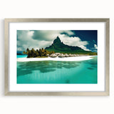 Framed wall art featuring a serene beach landscape with soft waves and a vibrant sunset, elegantly presented in a silver frame with a mat, ideal for home decor.