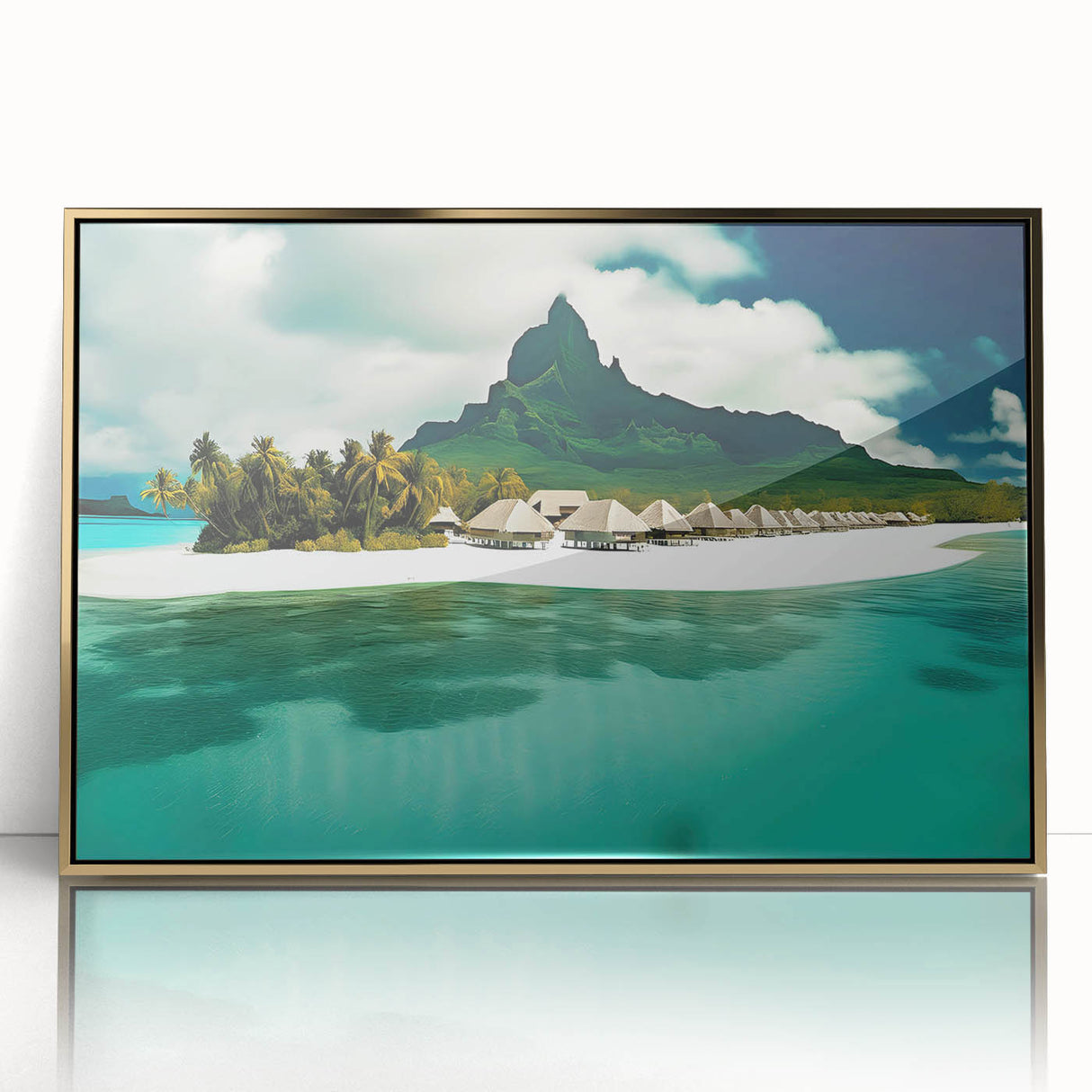Framed wall art collection showcasing a serene beach landscape with vibrant colors and intricate details, set in a stylish gold frame for elegant decor.