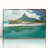 Framed wall art piece depicting a serene beach landscape with vibrant colors, featuring a silver-acrylic frame that enhances the coastal design aesthetics. Ideal for home decor enthusiasts looking to elevate their space with nature-inspired artwork.