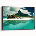 Framed canvas wall art featuring a serene beach landscape design with vibrant colors, presented in a sleek black frame from the Landscapes Beaches collection.