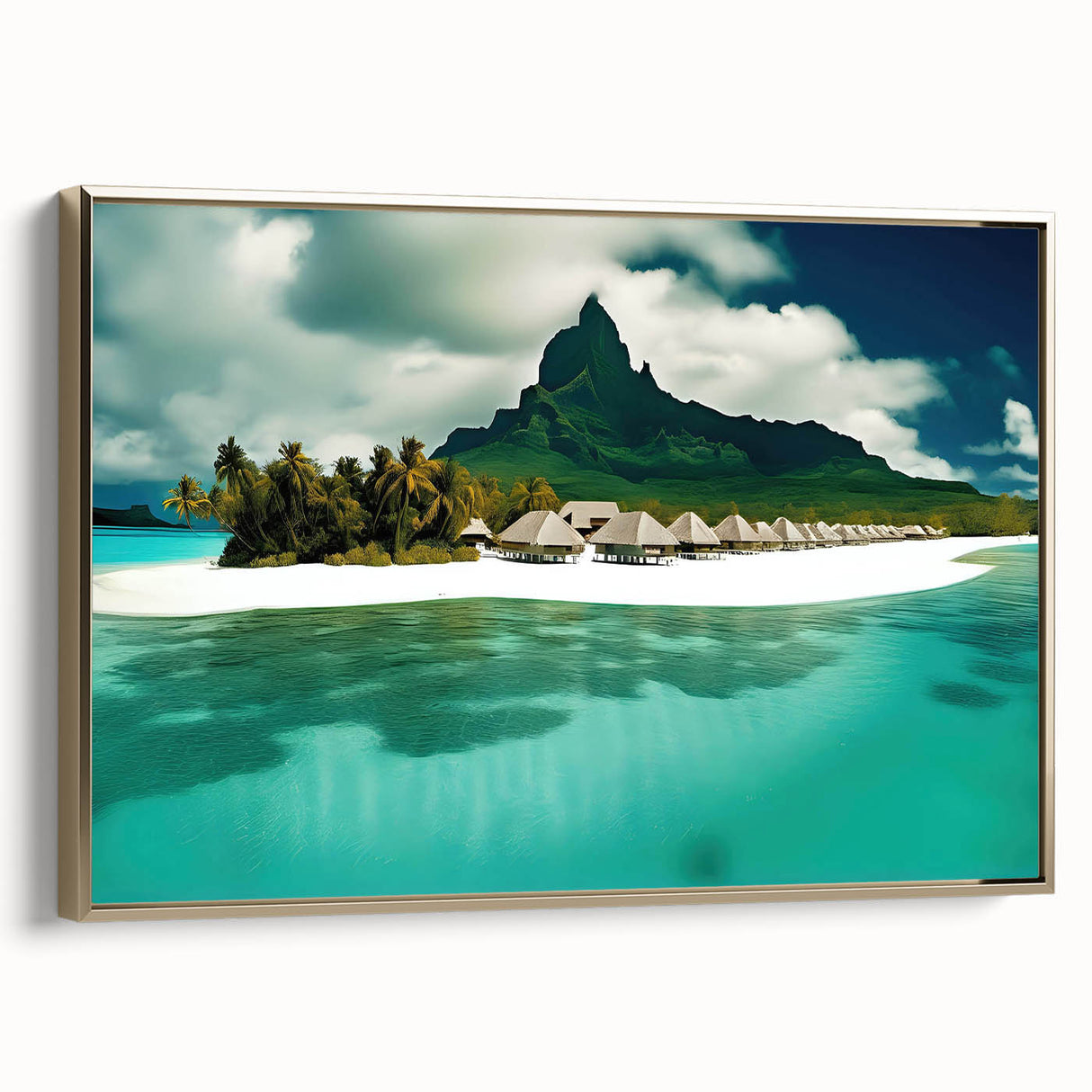 Framed canvas wall art showcasing a serene beach landscape with golden hues, designed to enhance home decor. Ideal for coastal-themed interiors.