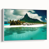 Framed canvas wall art showcasing a serene beach landscape with vibrant colors, displayed from a side view, perfect for home decor enhancement.
