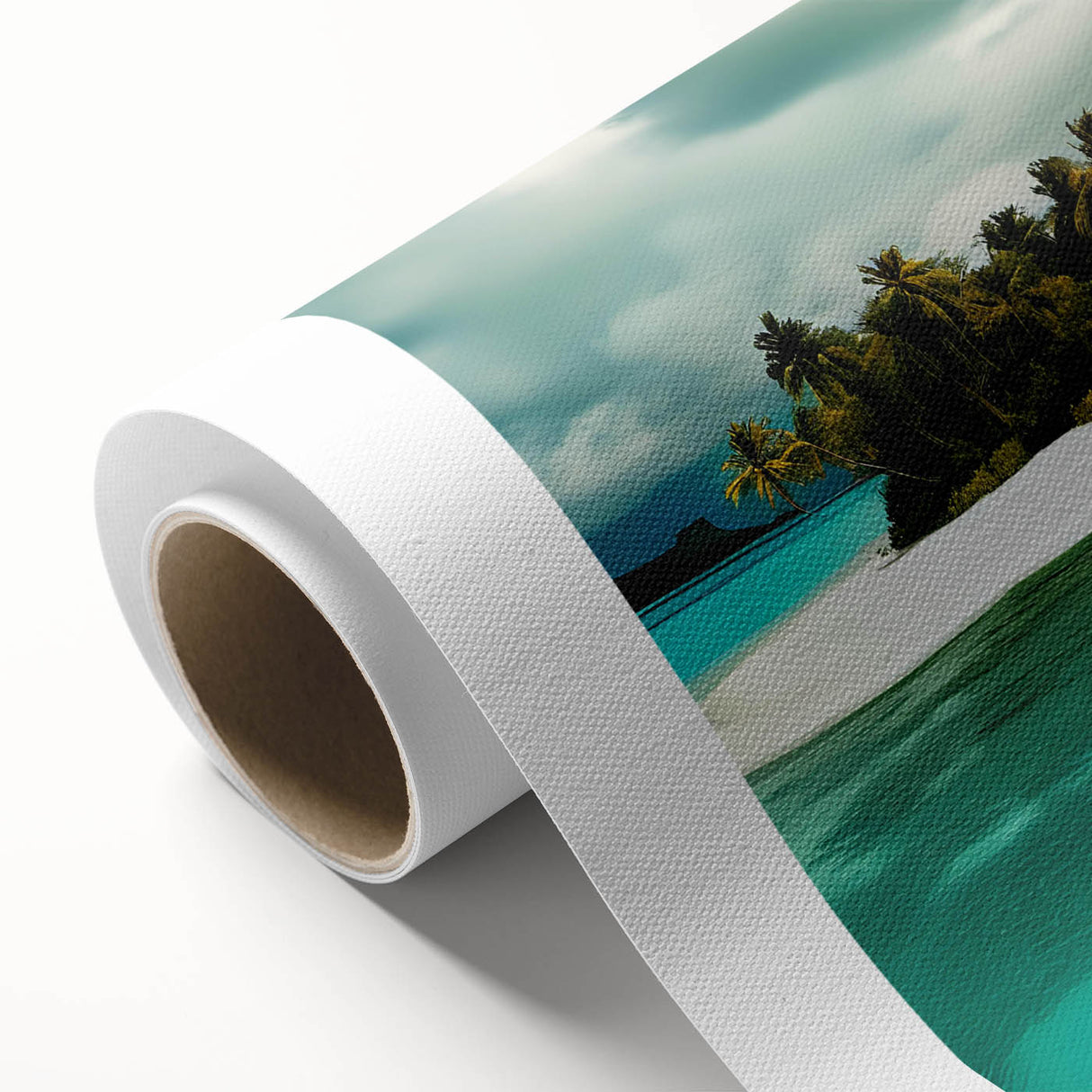 Vibrant rolled canvas art depicting a serene beach landscape with soft waves and golden sand, perfect for coastal decor and enhancing living spaces.