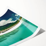 Stunning rolled print of a serene beach landscape, showcasing vivid blue skies and calm waves, perfect for home decor or office art collection.