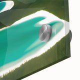 Close-up of a vibrant acrylic glass wall art piece showcasing a serene beach landscape with soft waves and golden sand, perfect for coastal decor enthusiasts.