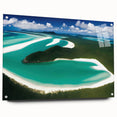 Acrylic glass wall art collection showcasing a vibrant beach landscape design, framed with decorative pins. Ideal for coastal-themed decor and artistic displays.