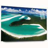 Acrylic glass wall art featuring a serene beach landscape with vibrant colors and intricate details, displayed in a side view without pins, perfect for modern decor.