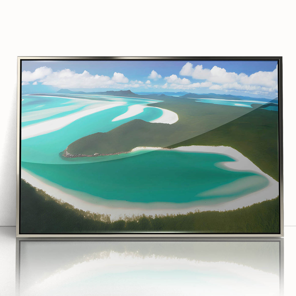 Framed acrylic wall art featuring a serene beach landscape with soft waves and a vibrant sunset. The artwork is elegantly presented in a silver frame, ideal for home decor.