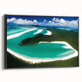 Framed canvas wall art showcasing a stunning beach landscape design, featuring vibrant colors and a black frame, perfect for enhancing modern home decor.