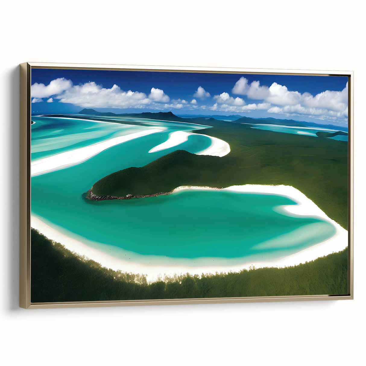 Framed canvas wall art showcasing a stunning beach landscape design with vibrant colors and a gold frame, perfect for enhancing home decor.