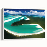 Framed canvas wall art showcasing a serene beach landscape with vibrant blue skies and gentle waves, presented in a sleek white frame for modern decor.