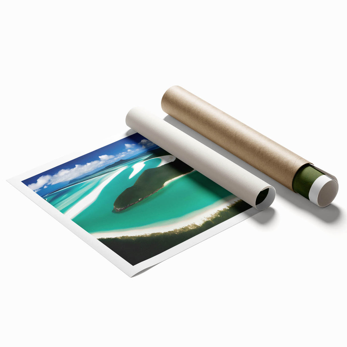 Vibrant rolled print showcasing a serene beach landscape with soft waves and golden sand, ideal for home decor or office settings, emphasizing tranquility and relaxation.