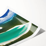 Vibrant rolled print of a serene beach landscape, showcasing soft waves and a pastel sunset sky, designed for home decor and artistic enhancement.