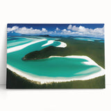 Stretched canvas wall art depicting a serene beach landscape with vibrant blues and sandy tones, perfect for adding a calming coastal vibe to home decor.