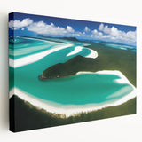 Stretched canvas artwork showcasing a serene beach landscape with vibrant colors, framed for display, ideal for enhancing home decor or office spaces.