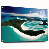 Acrylic glass wall art collection showcasing a vibrant beach landscape design, featuring colorful hues and intricate details, ideal for home decor and enhancing interior spaces.