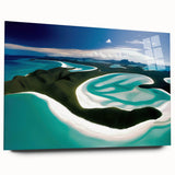 Acrylic glass wall art showcasing a vibrant beach landscape design, highlighting serene ocean waves and a clear blue sky, ideal for enhancing modern home decor.