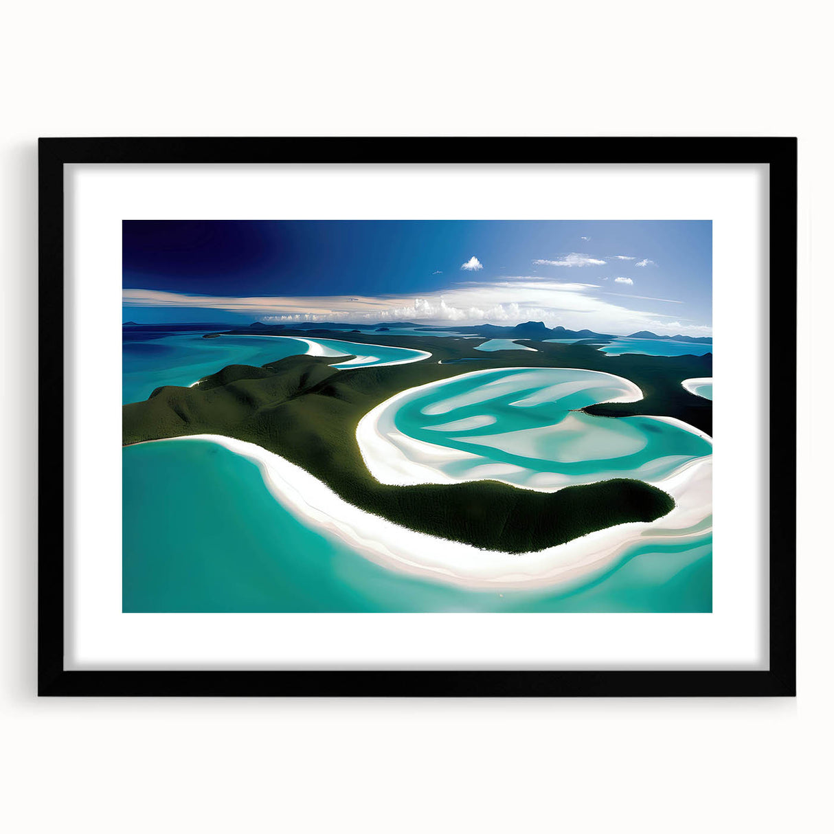 Black-framed wall art featuring a serene beach landscape scene with soft waves and golden sand, ideal for home decor or office spaces, enhancing tranquility.