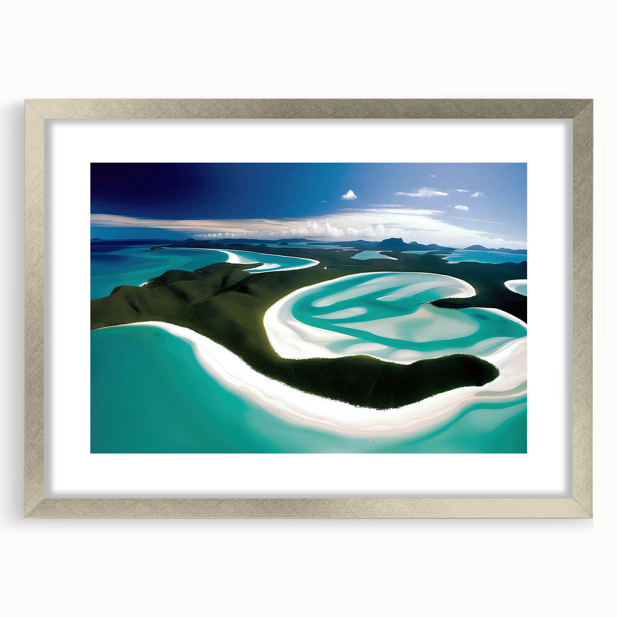 Framed wall art design showcasing a serene beach landscape with vibrant colors, silver matting, and a modern aesthetic, perfect for home decor enhancement.