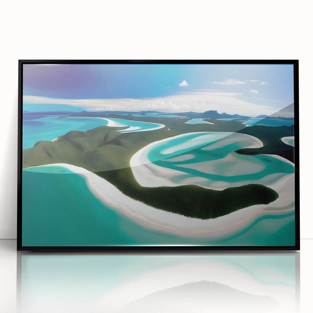 Framed acrylic wall art showcasing a serene beach landscape, featuring vibrant colors and intricate details, ideal for modern home decor. Black frame enhances the visual appeal and complements various interior styles.